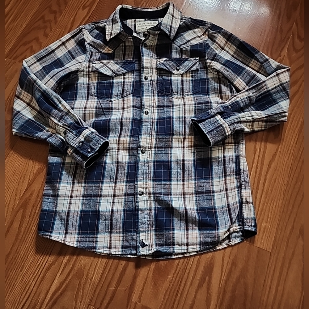 Boys, Cody James flannel shirt size lg pearl snaps western cowboy NFR plaid